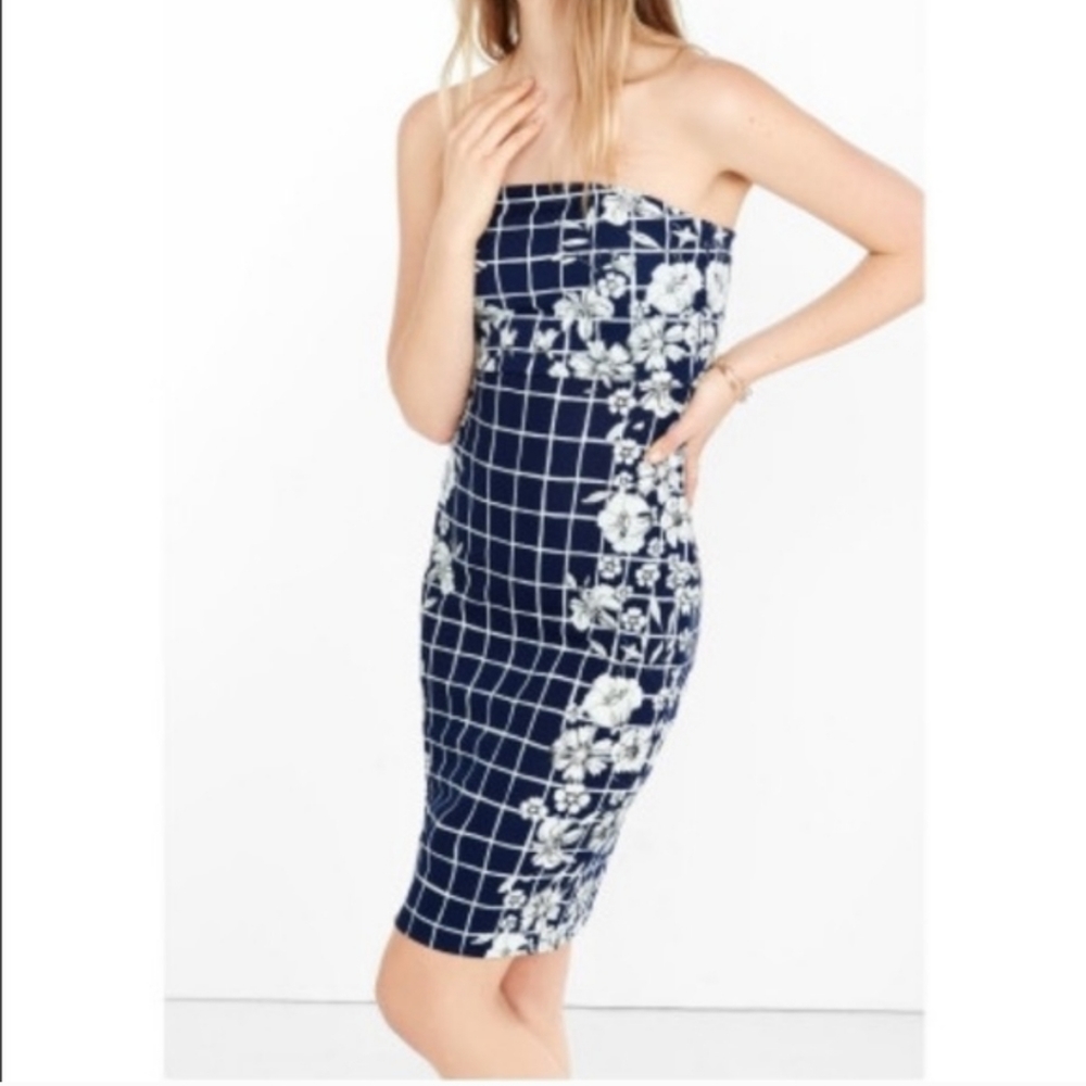 Blue white strapless midi floral dress
